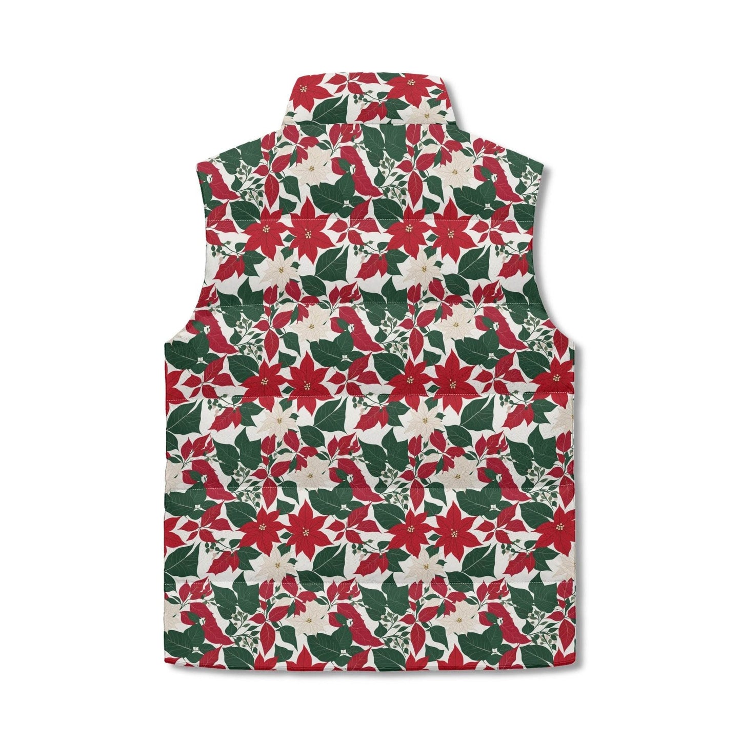 Red and White Poinsettia Unisex Lightweight Stand Collar Zip Up Puffer Vest - DeRose Seasonal