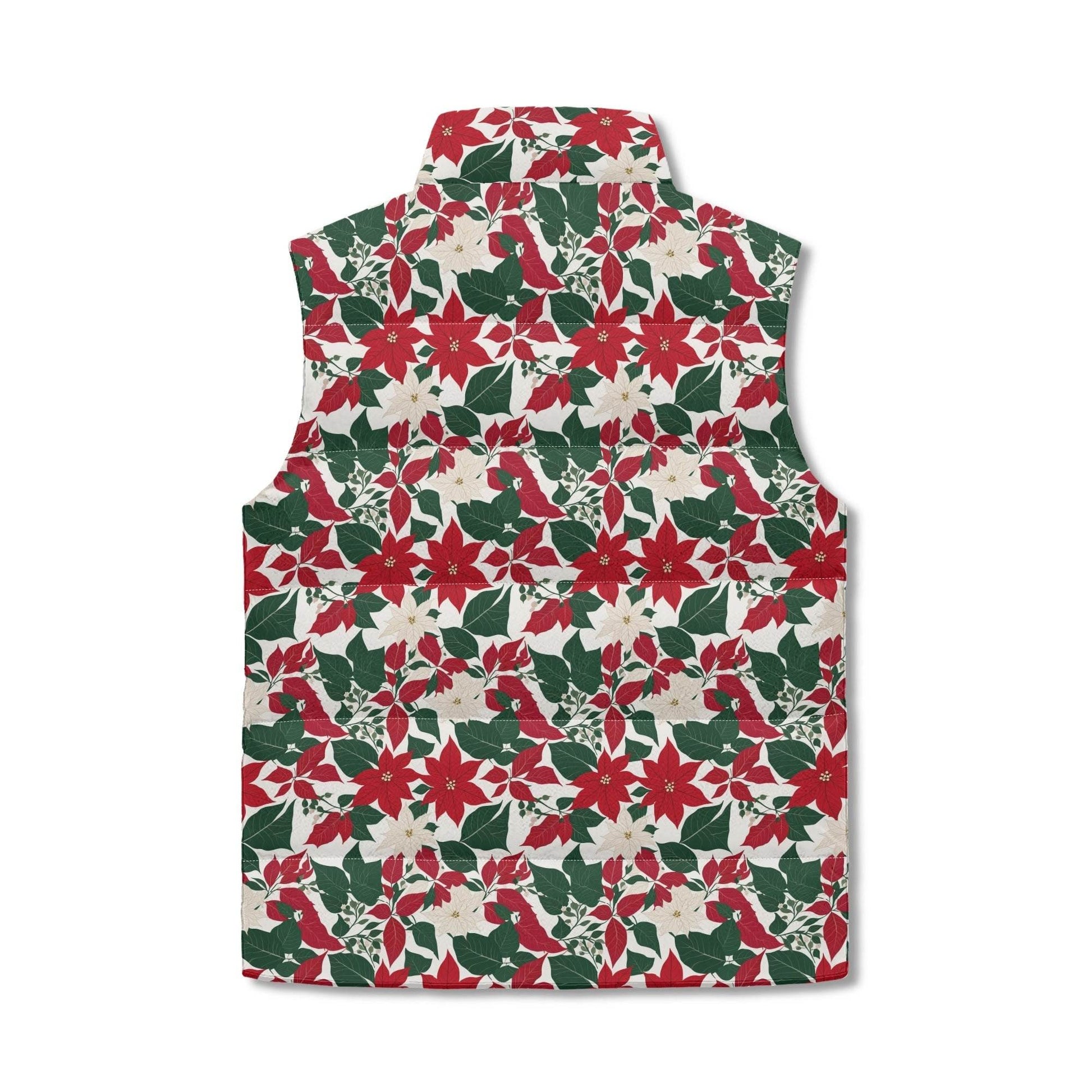 Red and White Poinsettia Unisex Lightweight Stand Collar Zip Up Puffer Vest - DeRose Seasonal