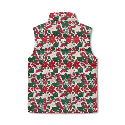 Red and White Poinsettia Unisex Lightweight Stand Collar Zip Up Puffer Vest - DeRose Seasonal