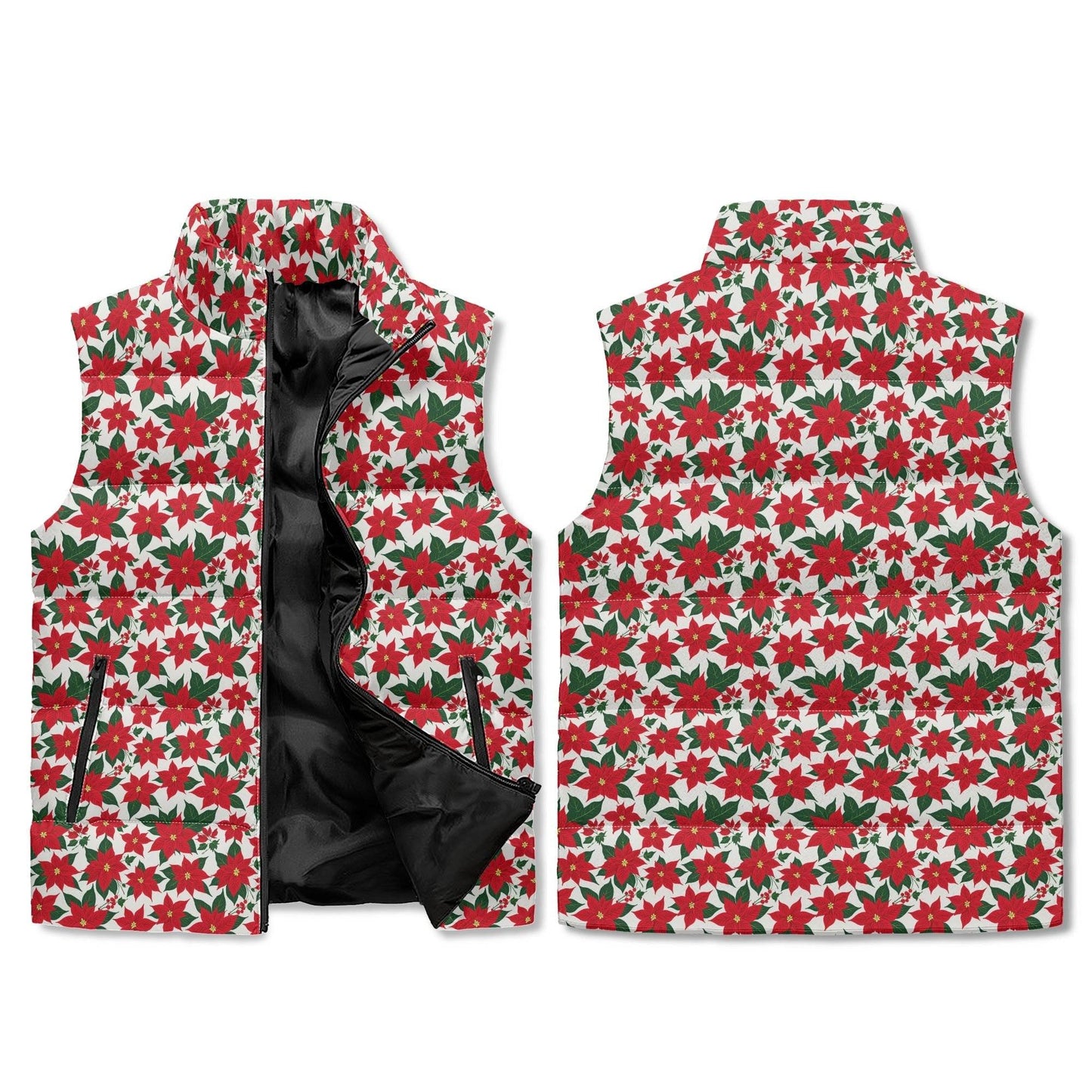 Poinsettia Floral Unisex Lightweight Stand Collar Zip Up Puffer Vest - DeRose Seasonal
