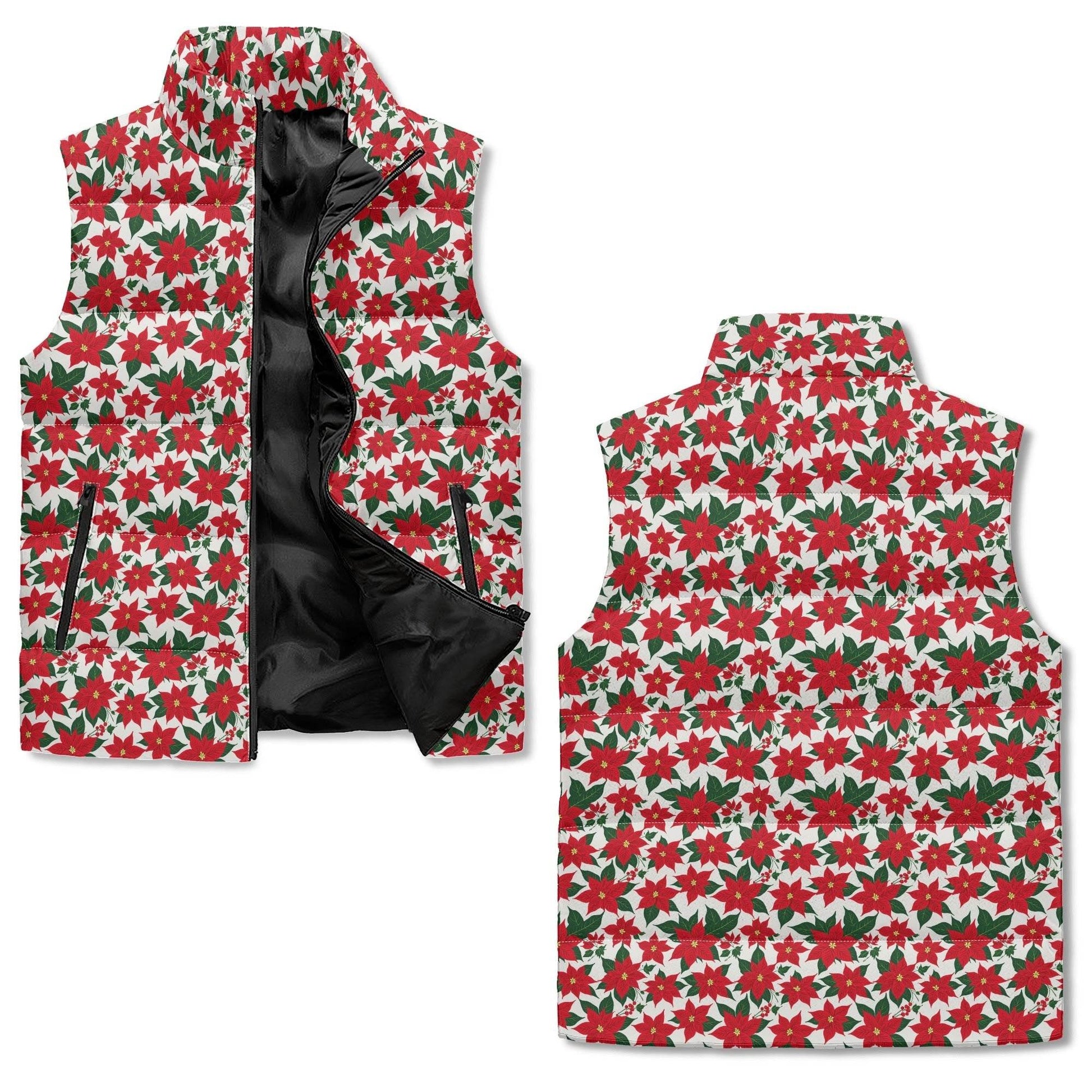 Poinsettia Floral Unisex Lightweight Stand Collar Zip Up Puffer Vest - DeRose Seasonal