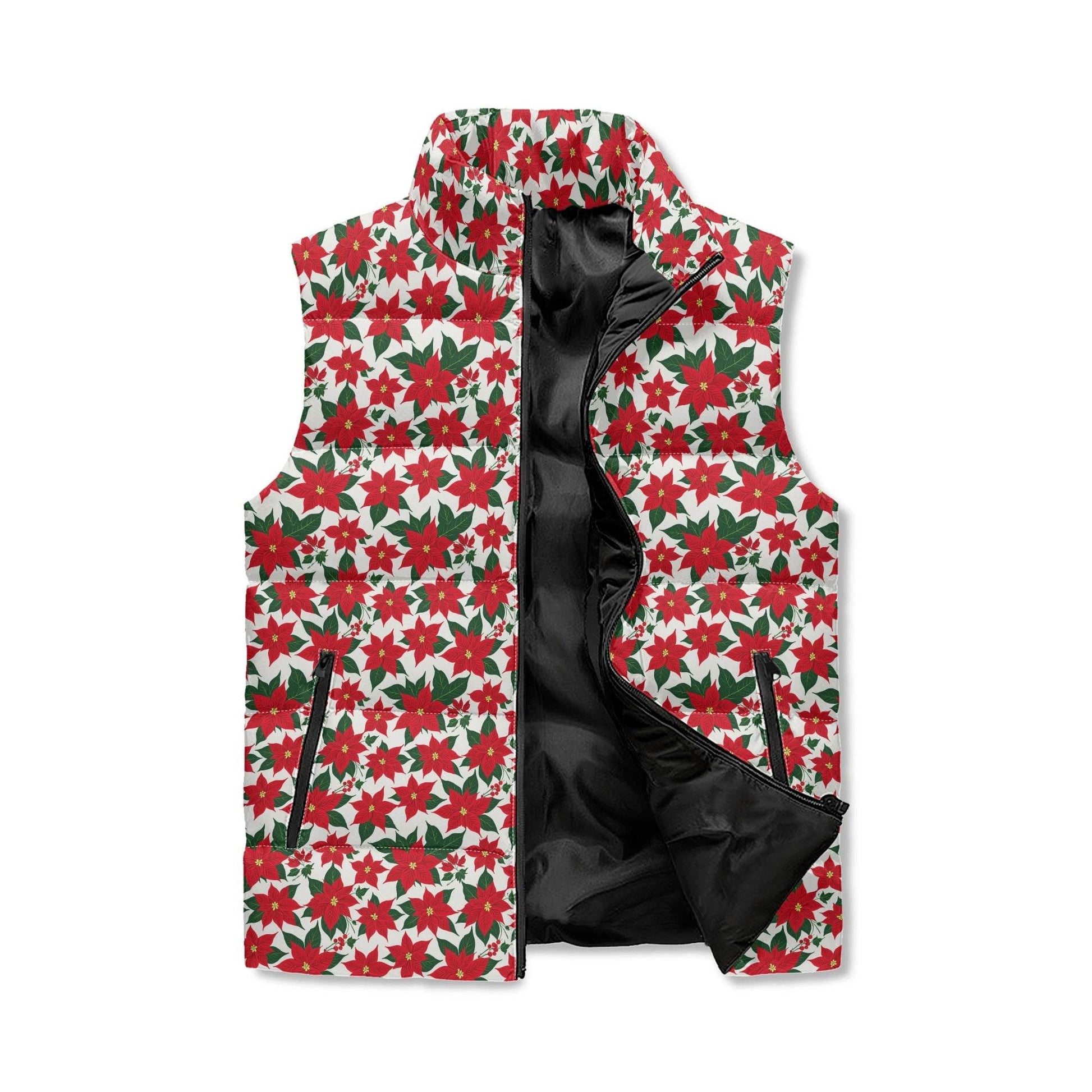 Poinsettia Floral Unisex Lightweight Stand Collar Zip Up Puffer Vest - DeRose Seasonal