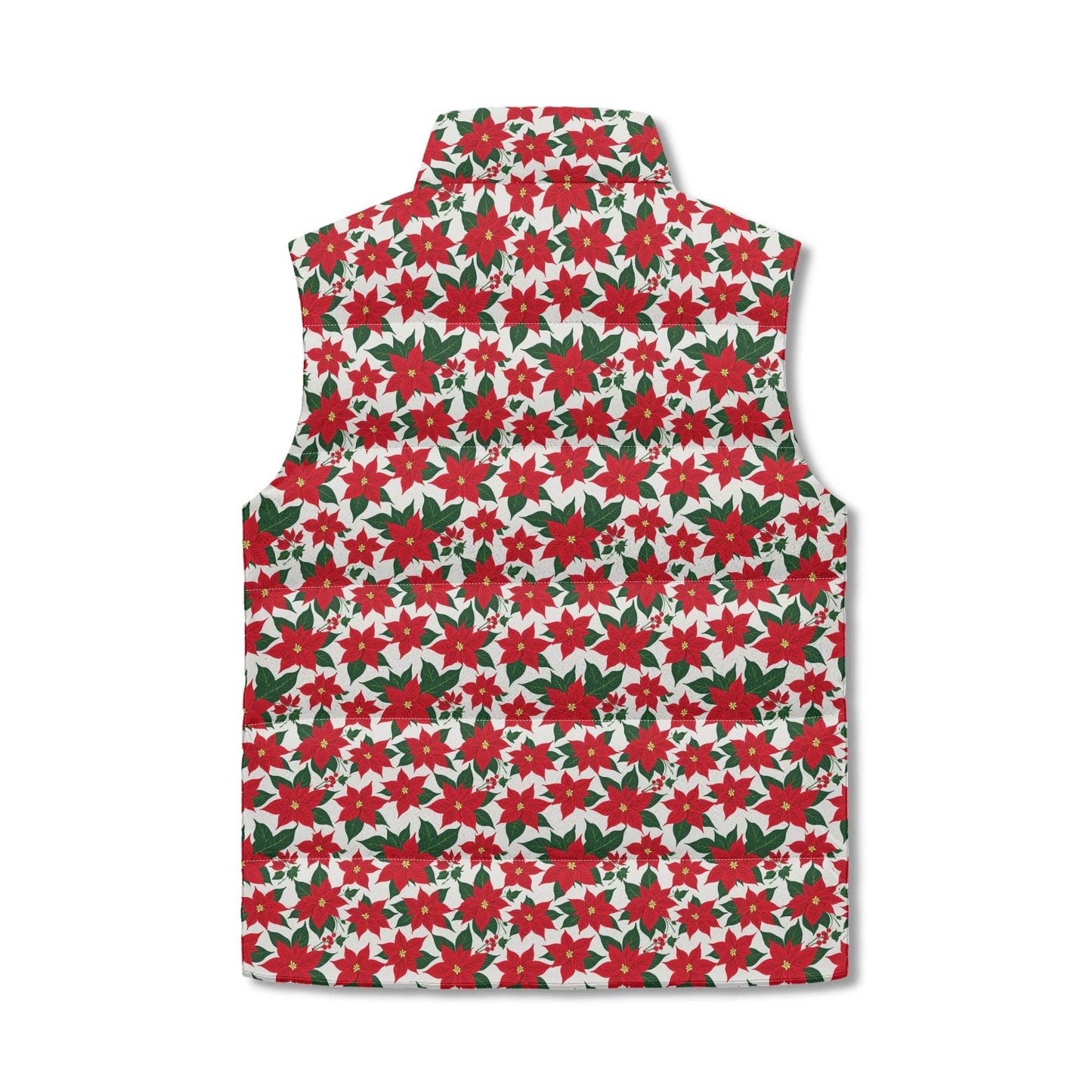 Poinsettia Floral Unisex Lightweight Stand Collar Zip Up Puffer Vest - DeRose Seasonal