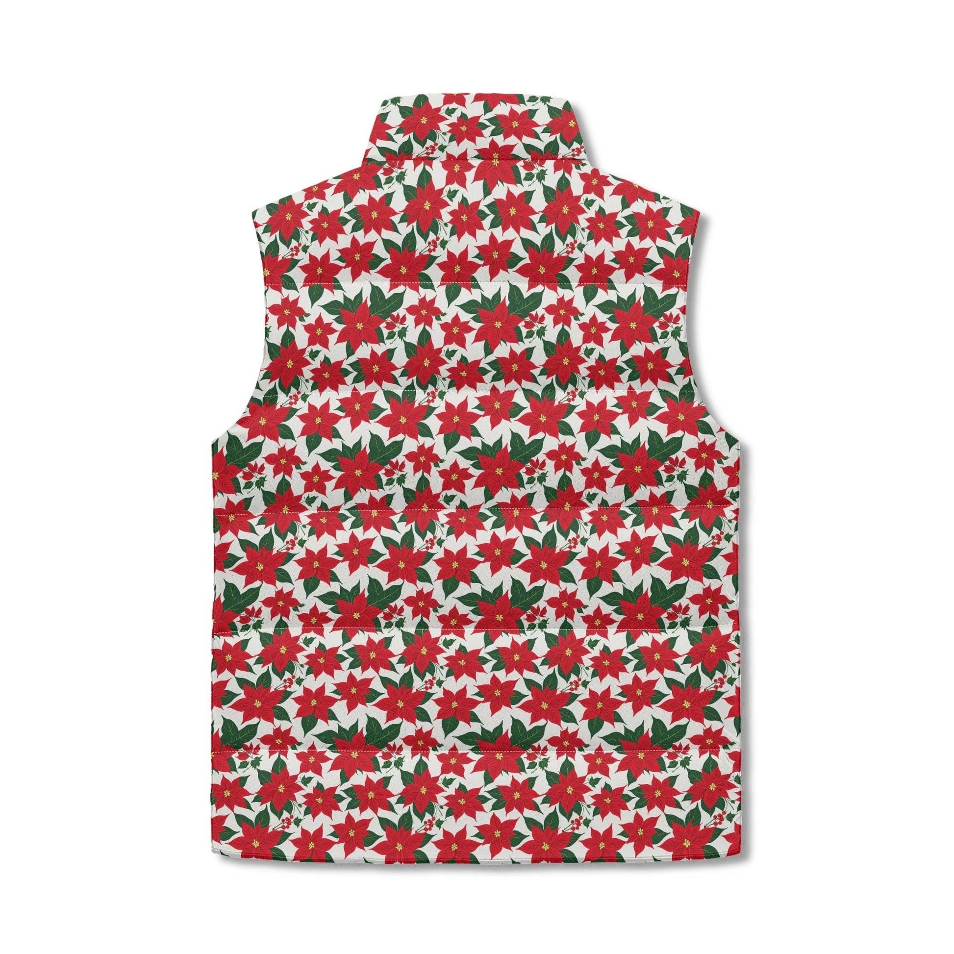 Poinsettia Floral Unisex Lightweight Stand Collar Zip Up Puffer Vest - DeRose Seasonal