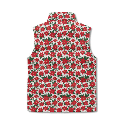 Poinsettia Floral Unisex Lightweight Stand Collar Zip Up Puffer Vest - DeRose Seasonal