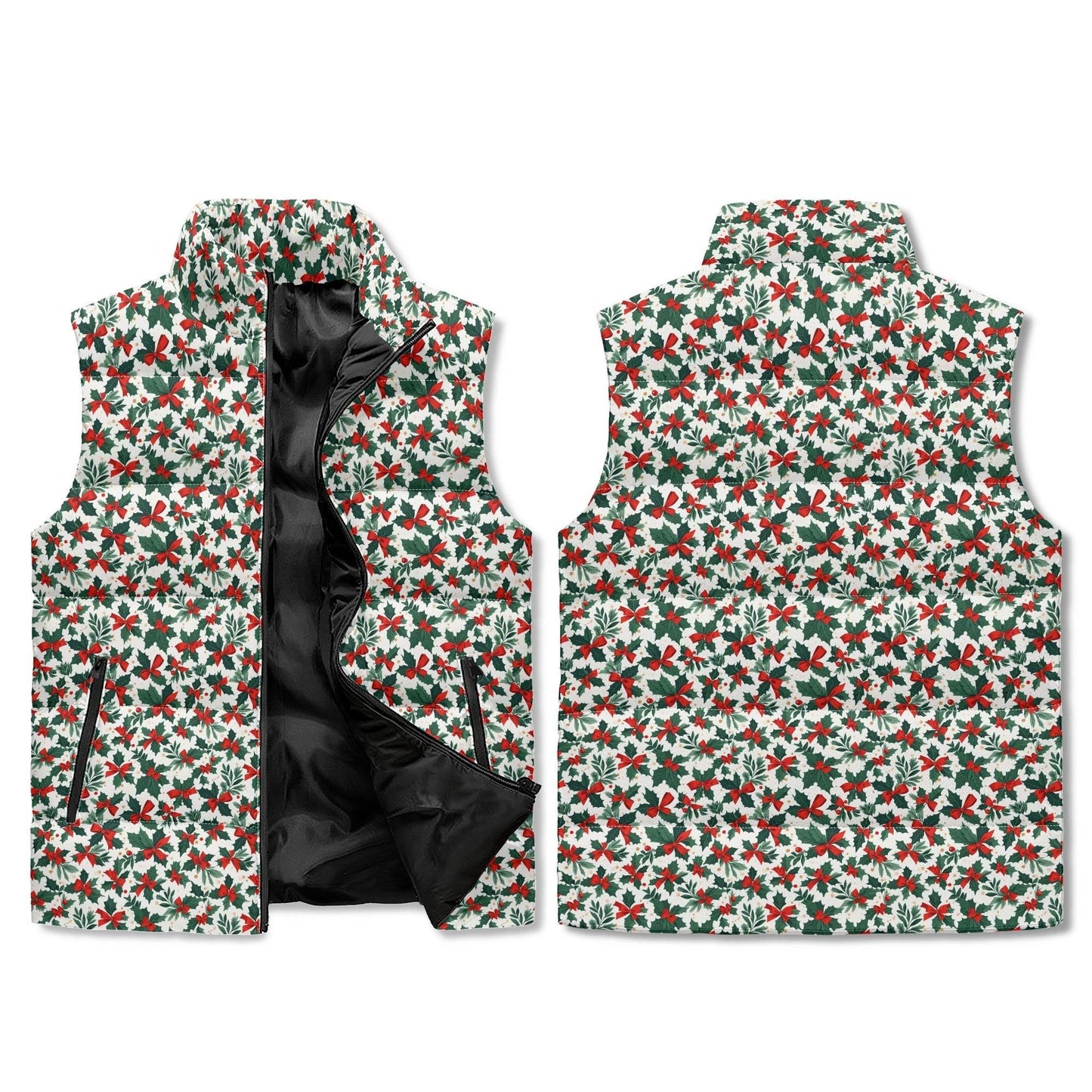 Holly Bows Unisex Lightweight Stand Collar Zip Up Puffer Vest - DeRose Seasonal