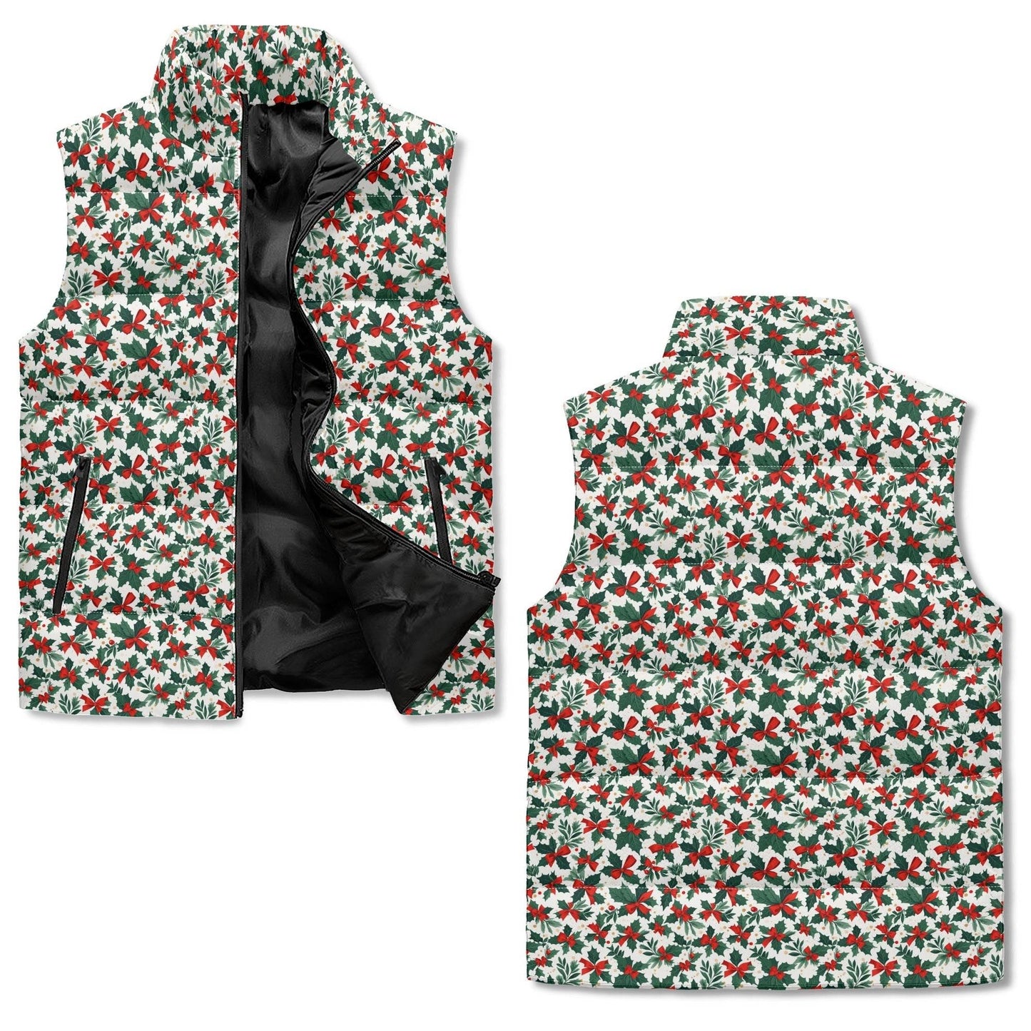 Holly Bows Unisex Lightweight Stand Collar Zip Up Puffer Vest - DeRose Seasonal