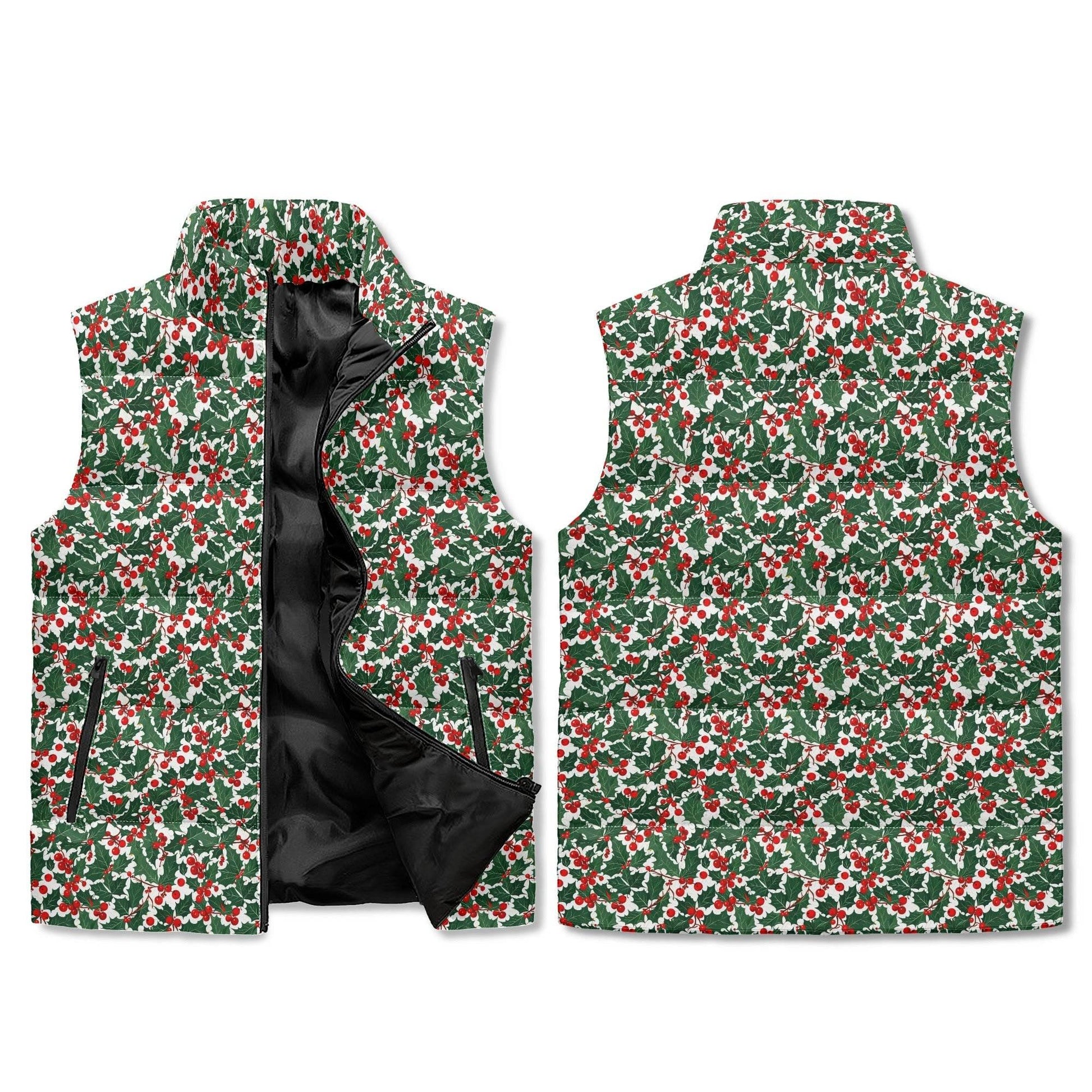 Christmas Holly Unisex Lightweight Stand Collar Zip Up Puffer Vest - DeRose Seasonal