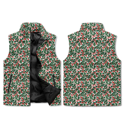 Christmas Holly Unisex Lightweight Stand Collar Zip Up Puffer Vest - DeRose Seasonal