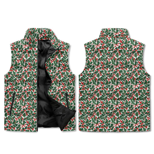 Christmas Holly Unisex Lightweight Stand Collar Zip Up Puffer Vest - DeRose Seasonal