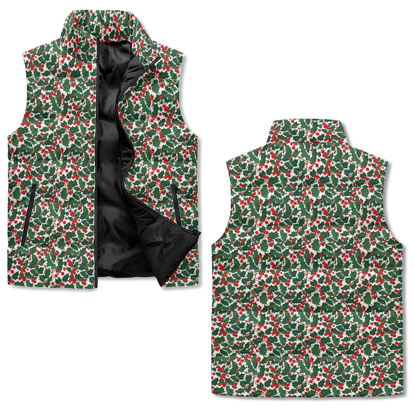 Christmas Holly Unisex Lightweight Stand Collar Zip Up Puffer Vest - DeRose Seasonal