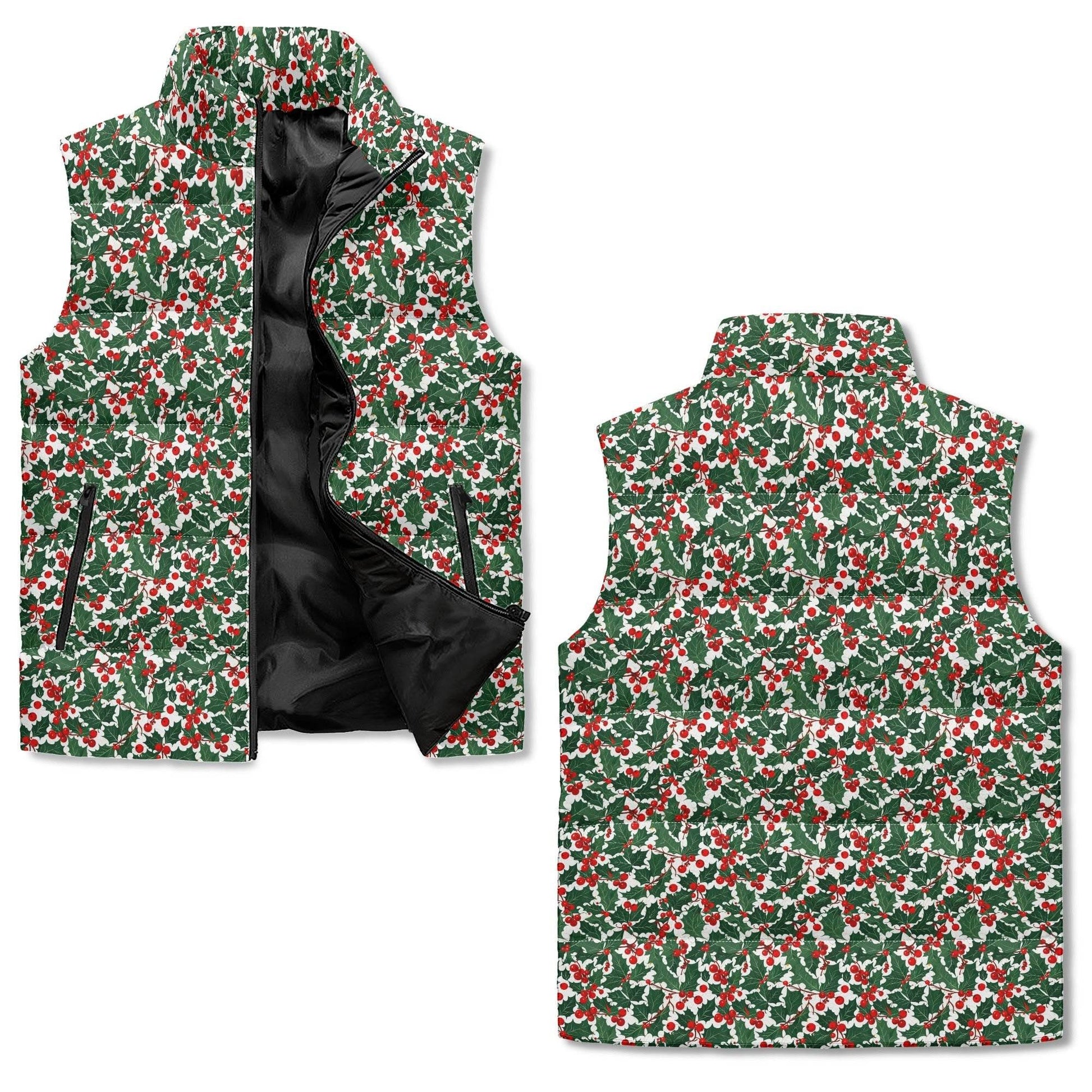 Christmas Holly Unisex Lightweight Stand Collar Zip Up Puffer Vest - DeRose Seasonal