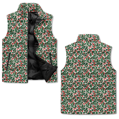 Christmas Holly Unisex Lightweight Stand Collar Zip Up Puffer Vest - DeRose Seasonal
