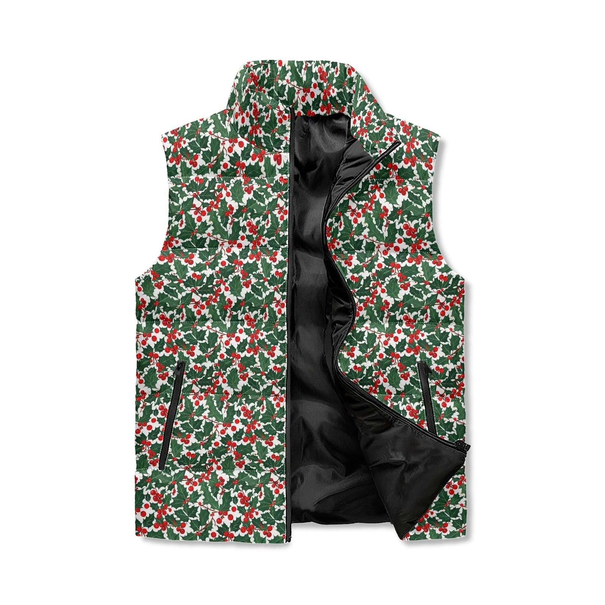 Christmas Holly Unisex Lightweight Stand Collar Zip Up Puffer Vest - DeRose Seasonal