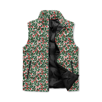 Christmas Holly Unisex Lightweight Stand Collar Zip Up Puffer Vest - DeRose Seasonal