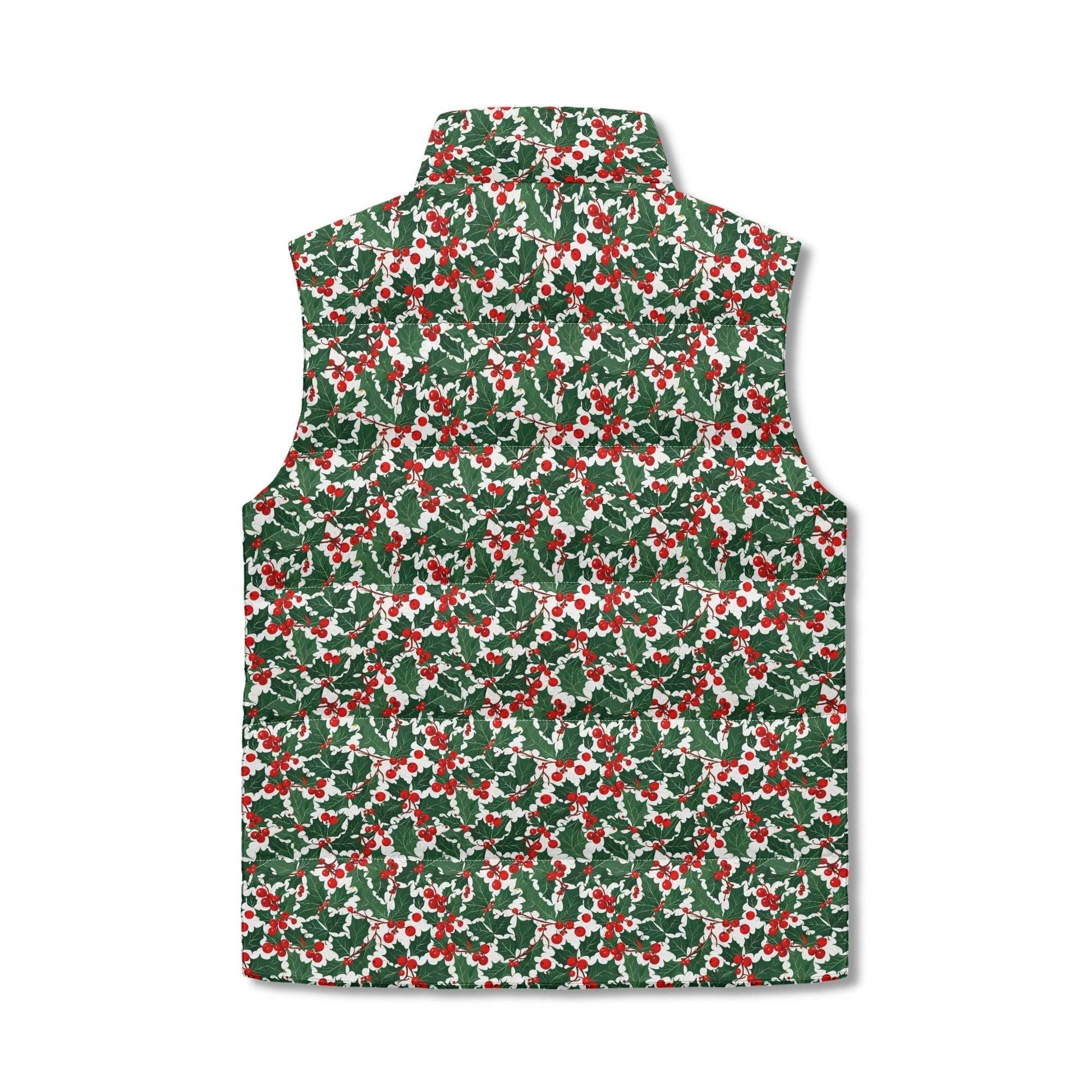 Christmas Holly Unisex Lightweight Stand Collar Zip Up Puffer Vest - DeRose Seasonal