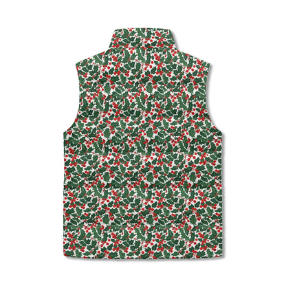 Christmas Holly Unisex Lightweight Stand Collar Zip Up Puffer Vest - DeRose Seasonal