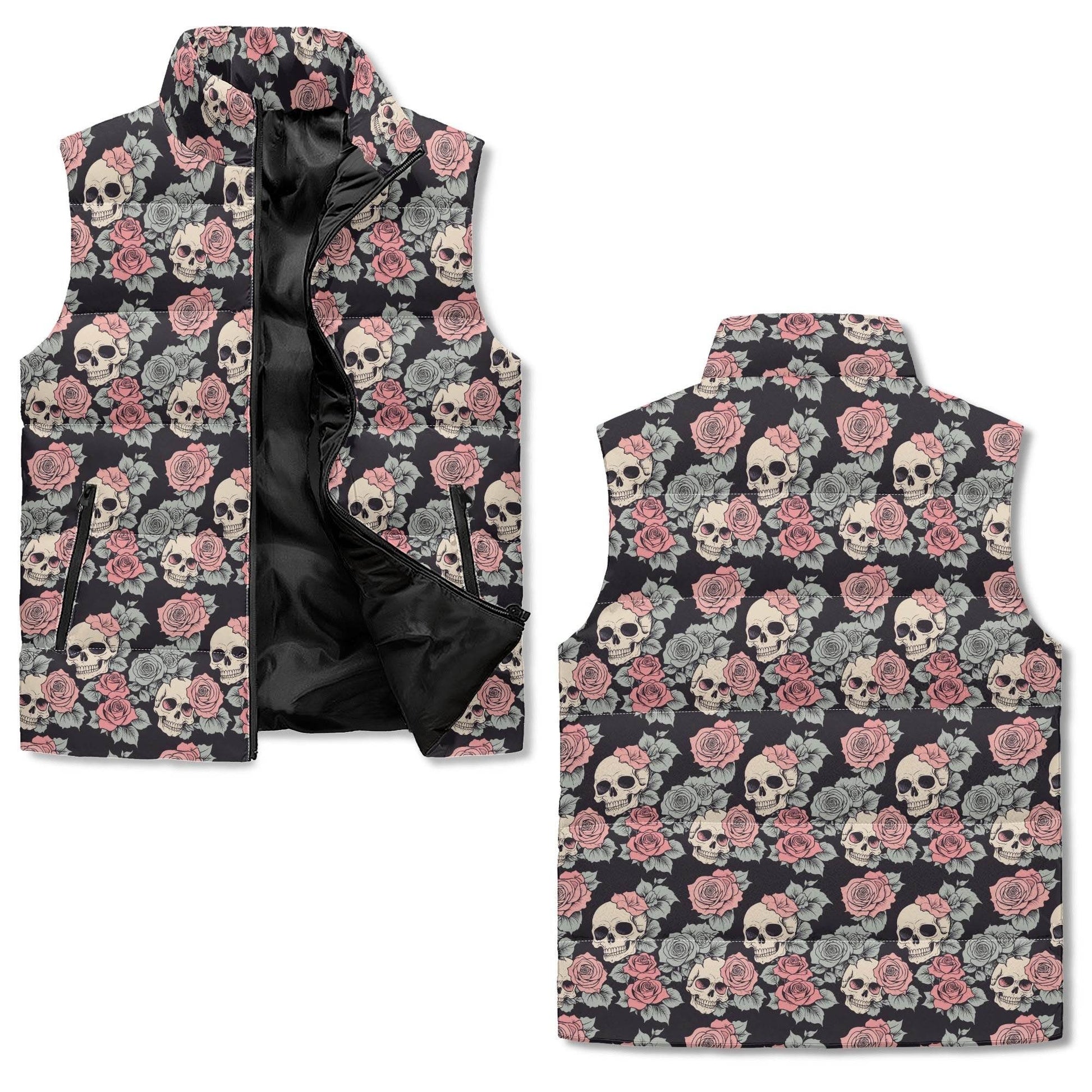 Skull and Pink Rose Unisex Lightweight Stand Collar Zip Up Puffer Vest - DeRose Seasonal