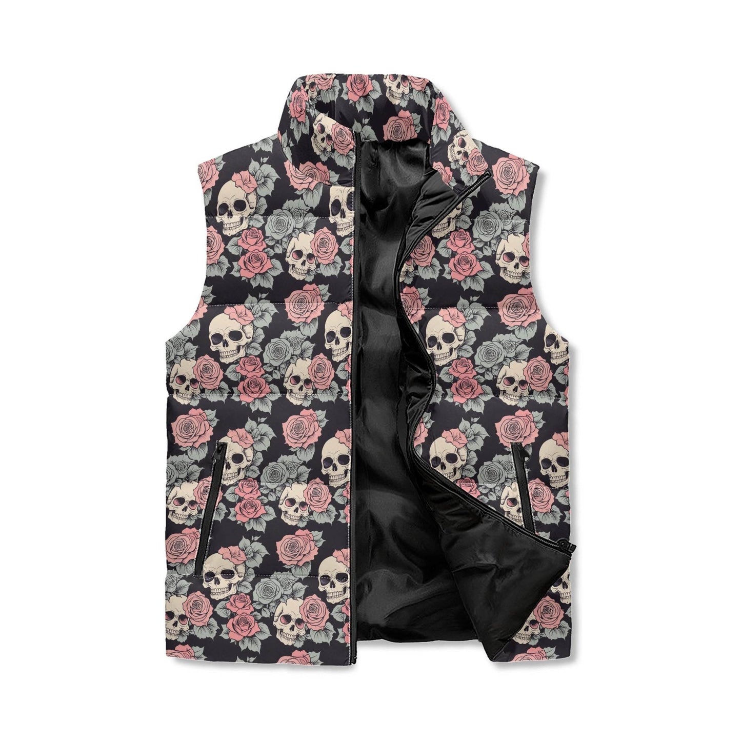 Skull and Pink Rose Unisex Lightweight Stand Collar Zip Up Puffer Vest - DeRose Seasonal