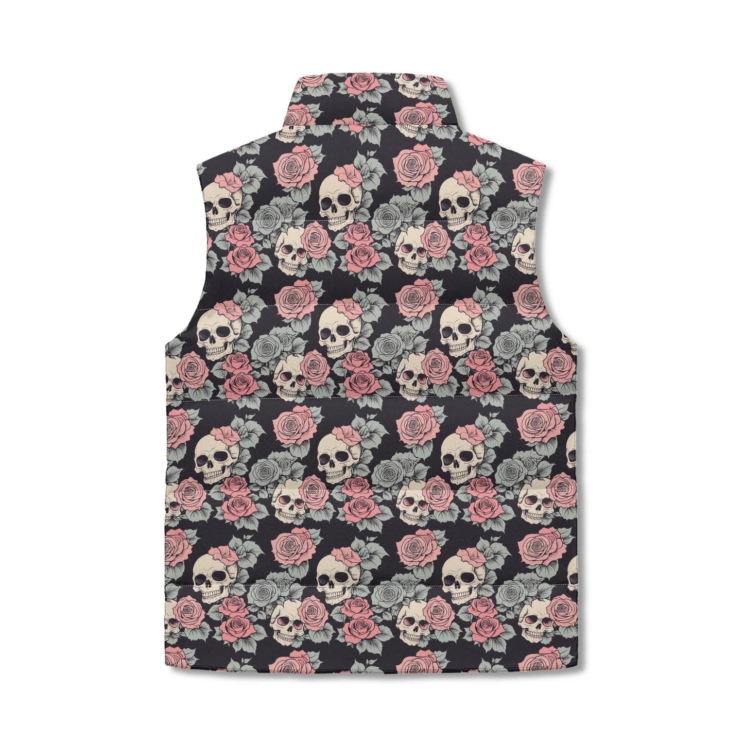 Skull and Pink Rose Unisex Lightweight Stand Collar Zip Up Puffer Vest - DeRose Seasonal