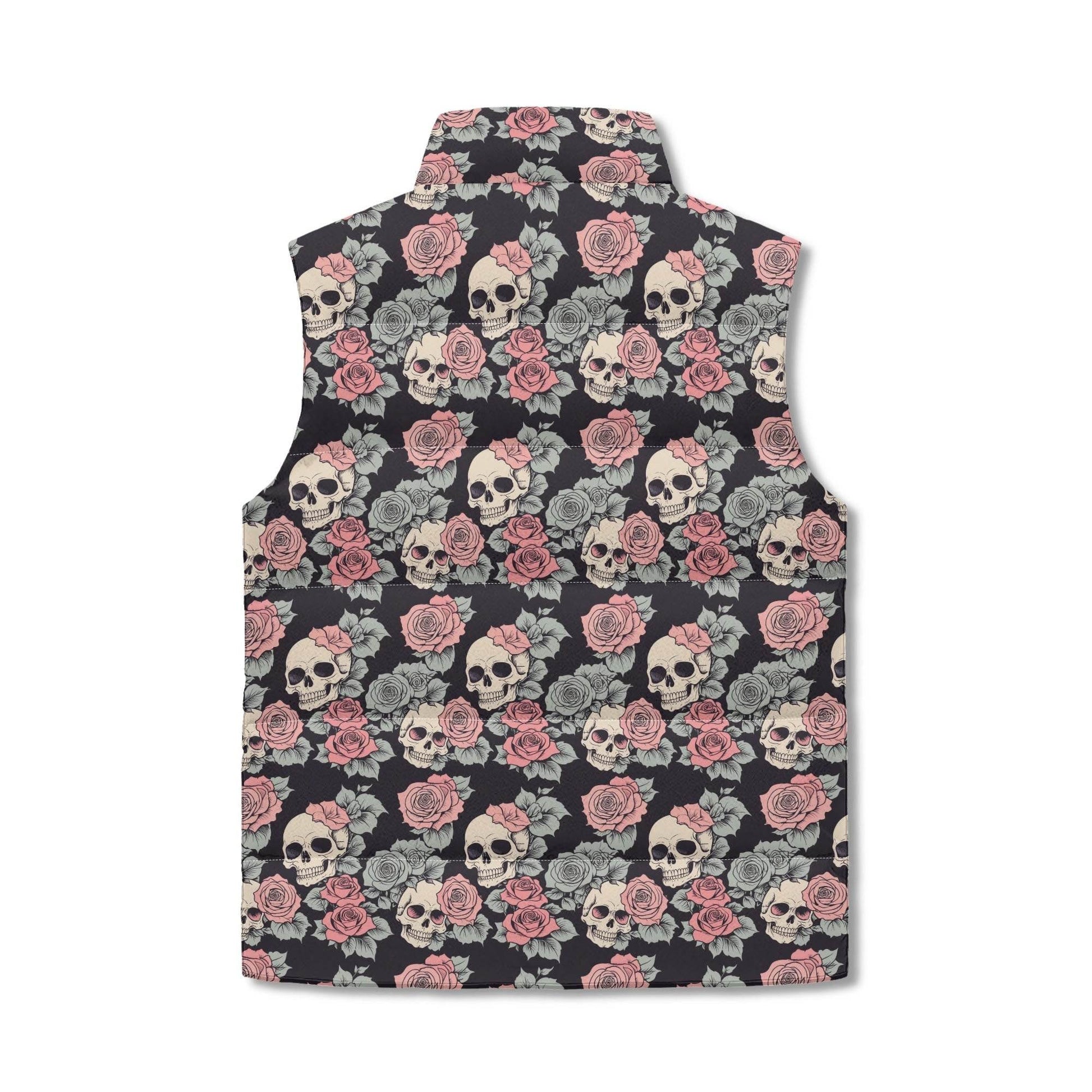 Skull and Pink Rose Unisex Lightweight Stand Collar Zip Up Puffer Vest - DeRose Seasonal
