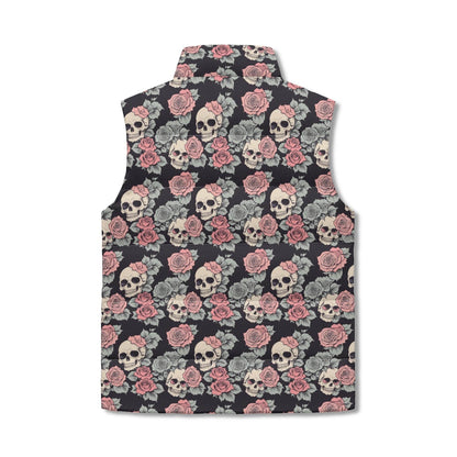 Skull and Pink Rose Unisex Lightweight Stand Collar Zip Up Puffer Vest - DeRose Seasonal