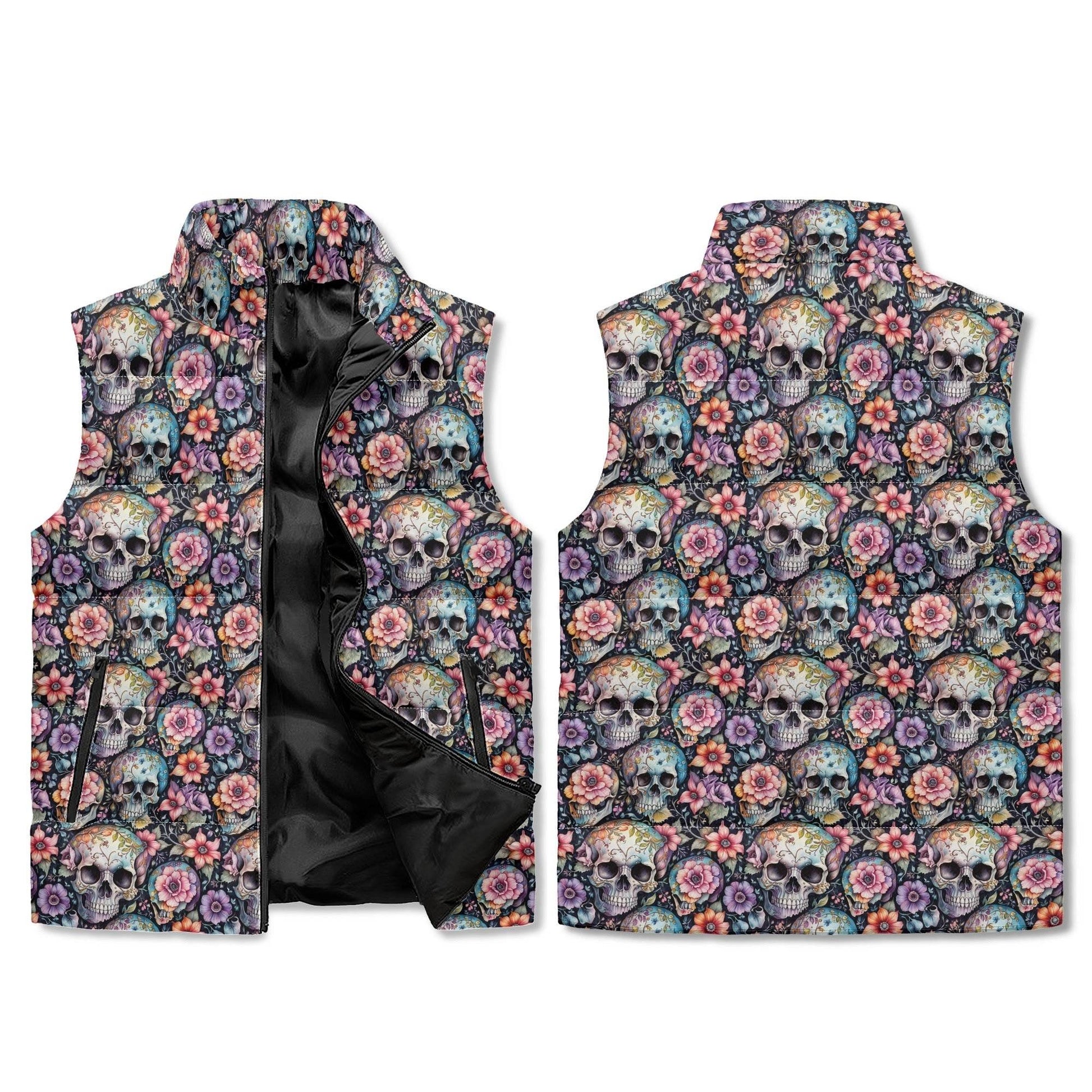 Pastel Floral and Skulls Unisex Lightweight Stand Collar Zip Up Puffer Vest - DeRose Seasonal