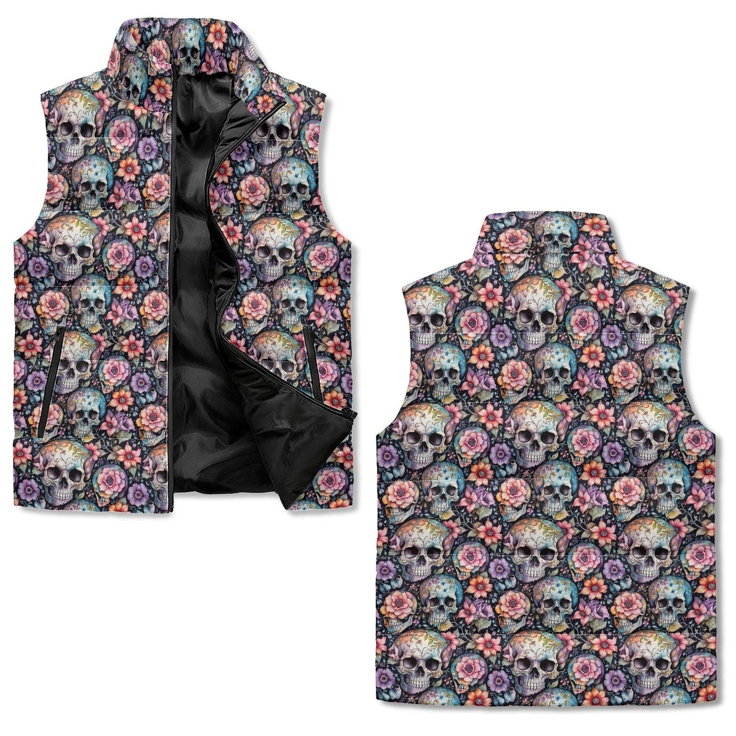 Pastel Floral and Skulls Unisex Lightweight Stand Collar Zip Up Puffer Vest - DeRose Seasonal