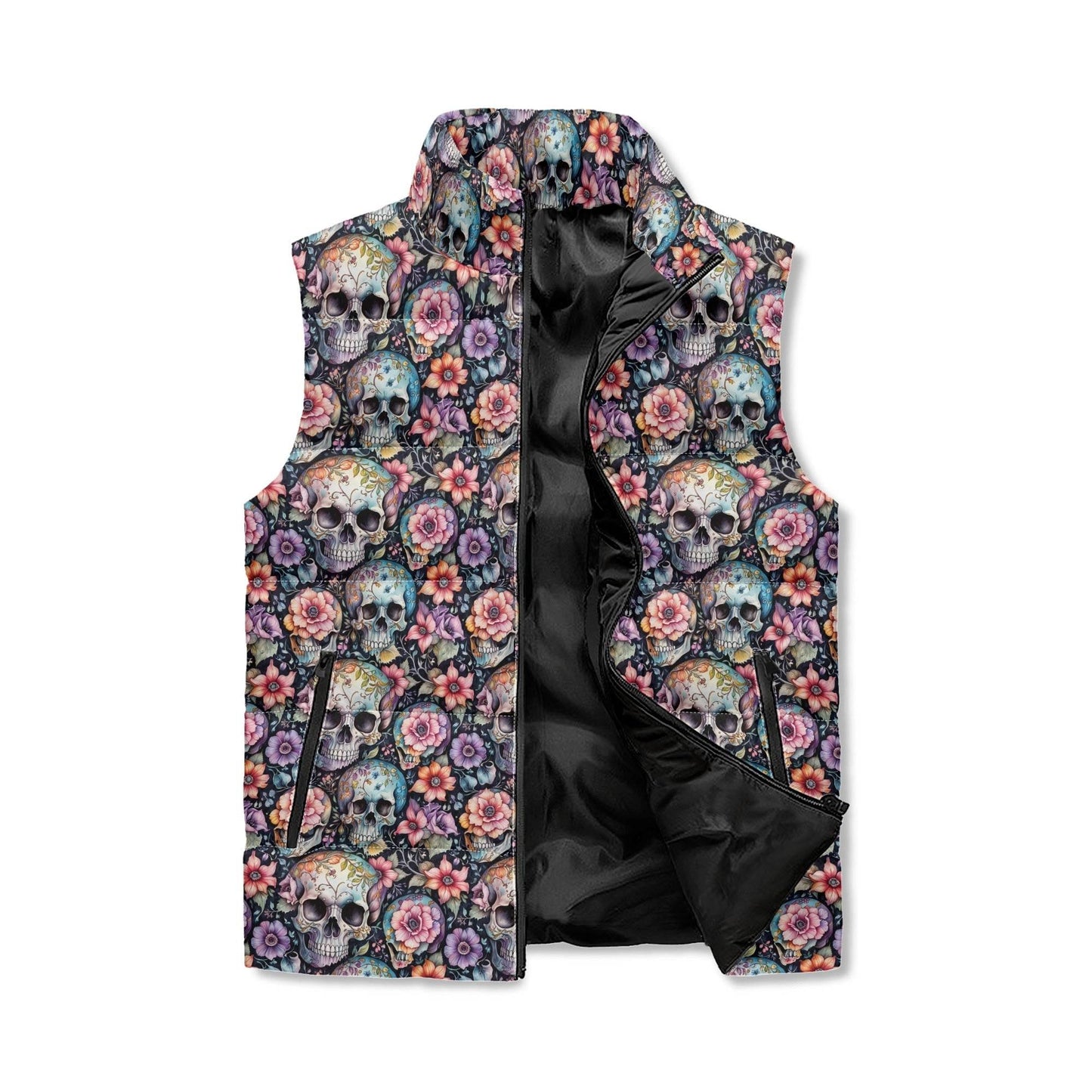 Pastel Floral and Skulls Unisex Lightweight Stand Collar Zip Up Puffer Vest - DeRose Seasonal