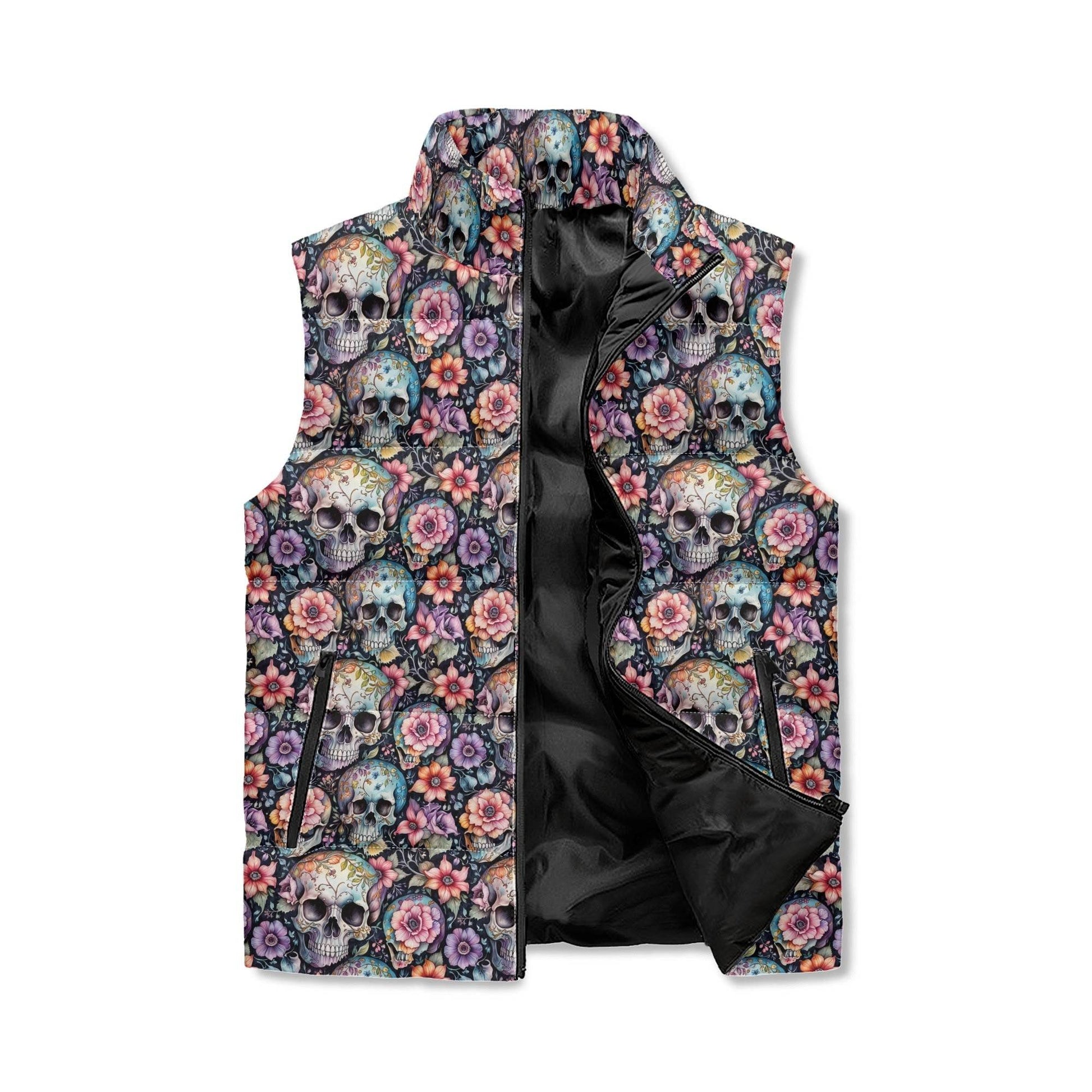 Pastel Floral and Skulls Unisex Lightweight Stand Collar Zip Up Puffer Vest - DeRose Seasonal