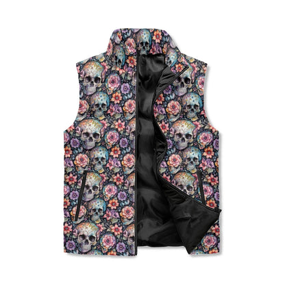 Pastel Floral and Skulls Unisex Lightweight Stand Collar Zip Up Puffer Vest - DeRose Seasonal