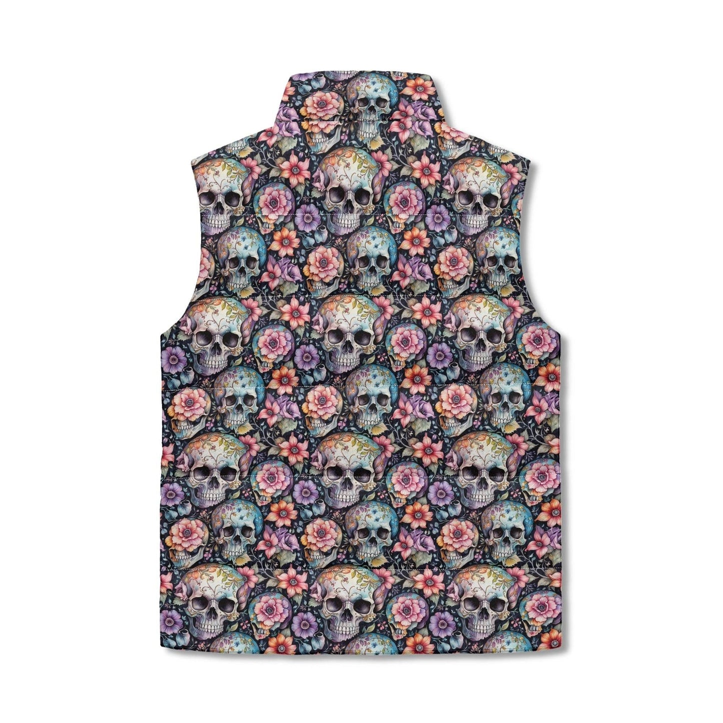 Pastel Floral and Skulls Unisex Lightweight Stand Collar Zip Up Puffer Vest - DeRose Seasonal