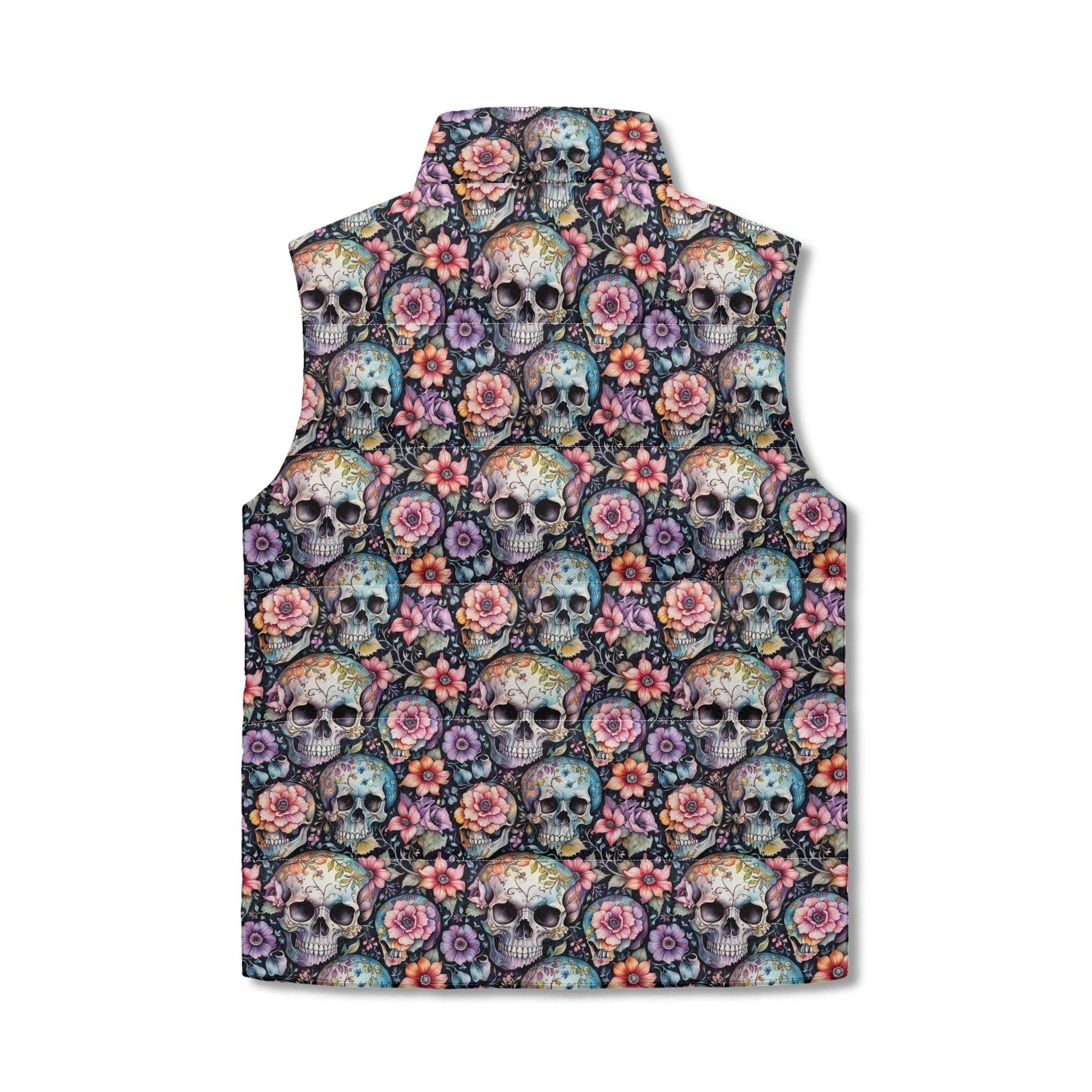 Pastel Floral and Skulls Unisex Lightweight Stand Collar Zip Up Puffer Vest - DeRose Seasonal