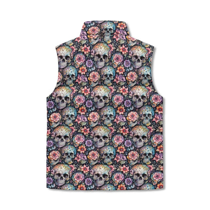 Pastel Floral and Skulls Unisex Lightweight Stand Collar Zip Up Puffer Vest - DeRose Seasonal