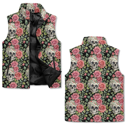 Pink Skulls Unisex Lightweight Stand Collar Zip Up Puffer Vest - DeRose Seasonal