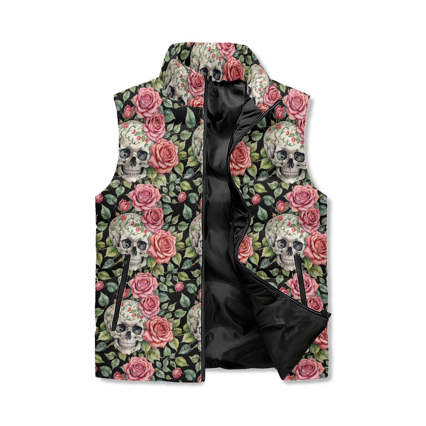 Pink Skulls Unisex Lightweight Stand Collar Zip Up Puffer Vest - DeRose Seasonal