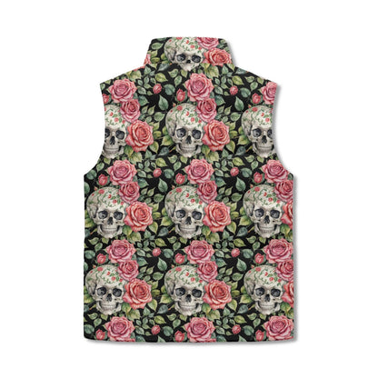 Pink Skulls Unisex Lightweight Stand Collar Zip Up Puffer Vest - DeRose Seasonal