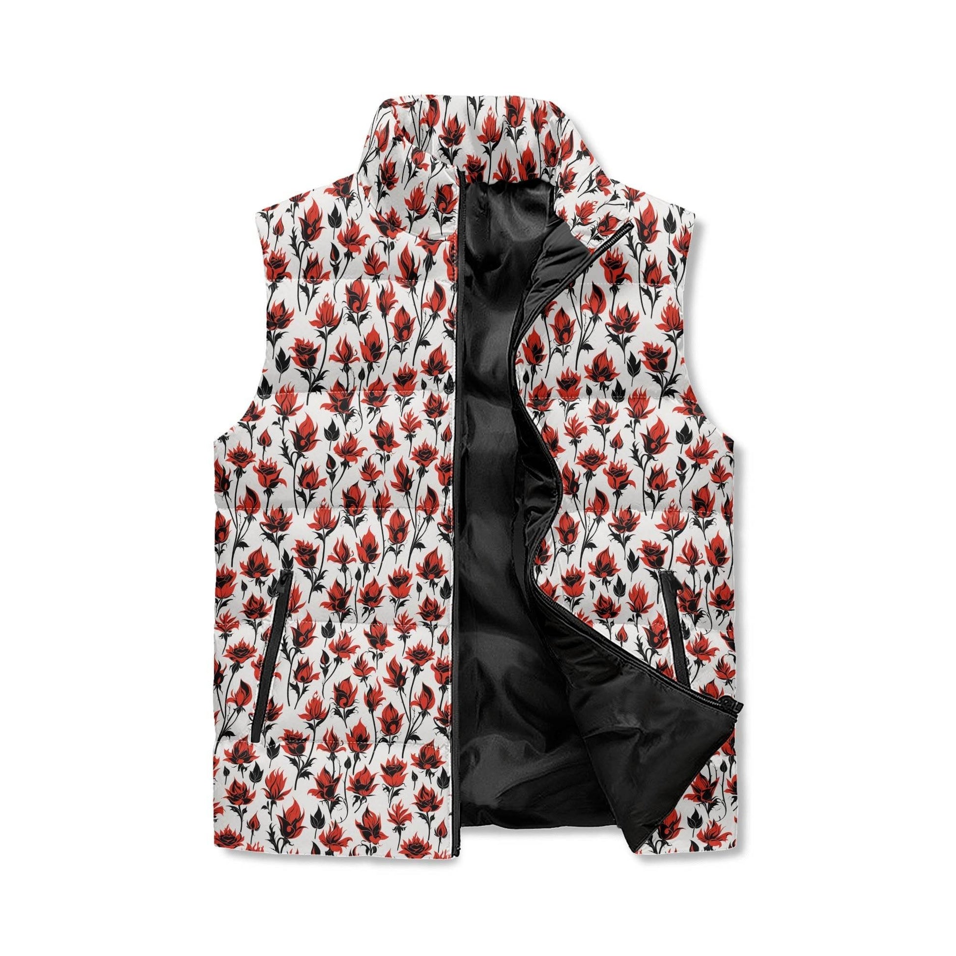 Floral Fire Unisex Lightweight Stand Collar Zip Up Puffer Vest - DeRose Seasonal
