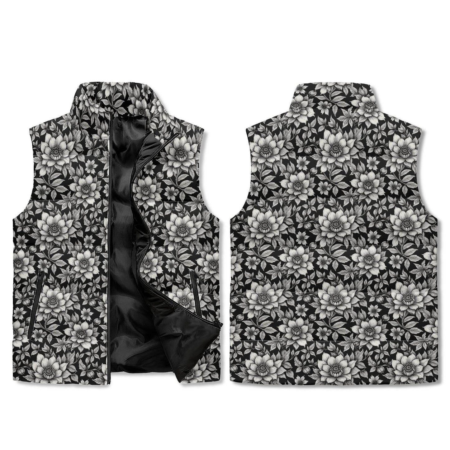 Black and White Bloom Unisex Lightweight Stand Collar Zip Up Puffer Vest - DeRose Seasonal
