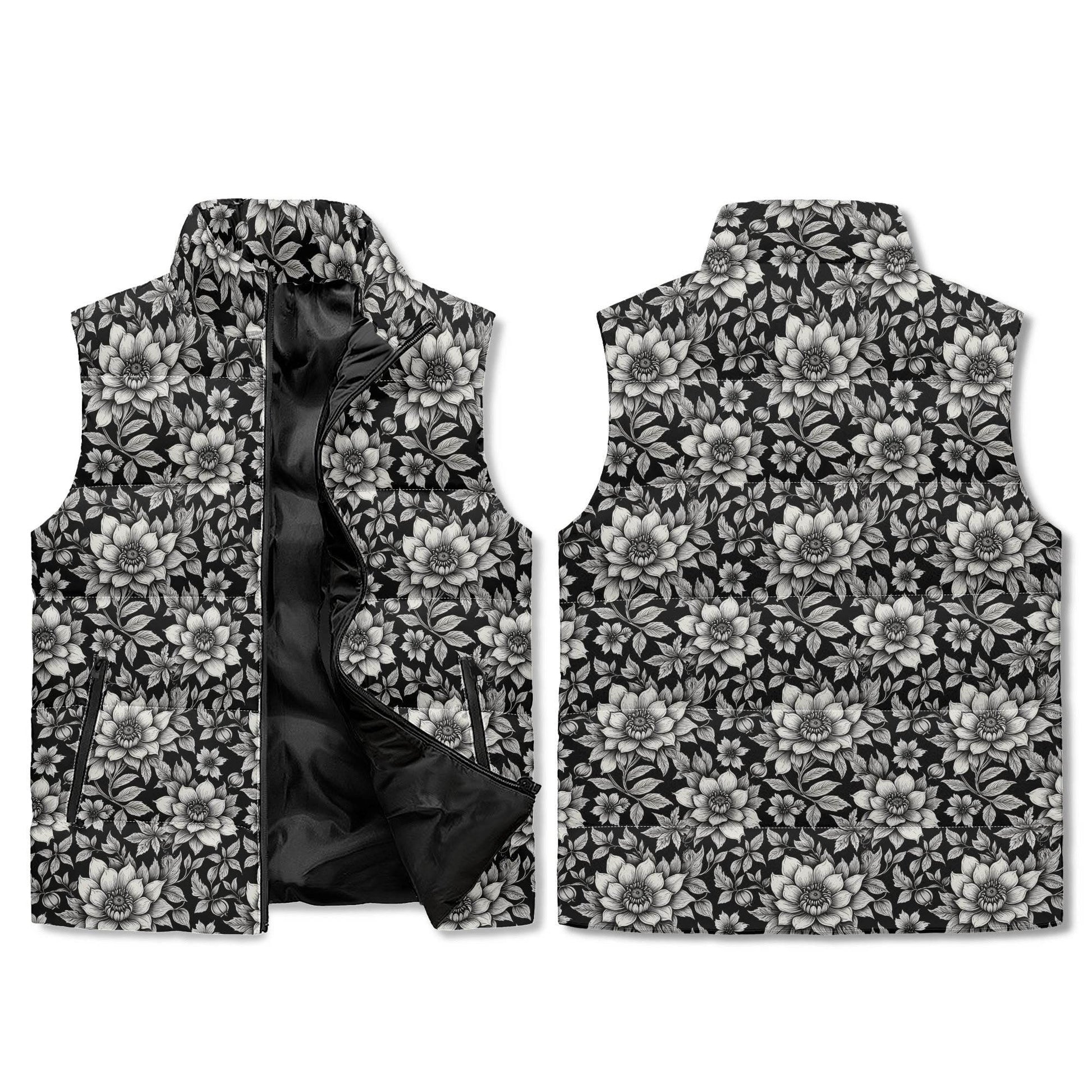 Black and White Bloom Unisex Lightweight Stand Collar Zip Up Puffer Vest - DeRose Seasonal