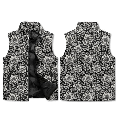Black and White Bloom Unisex Lightweight Stand Collar Zip Up Puffer Vest - DeRose Seasonal