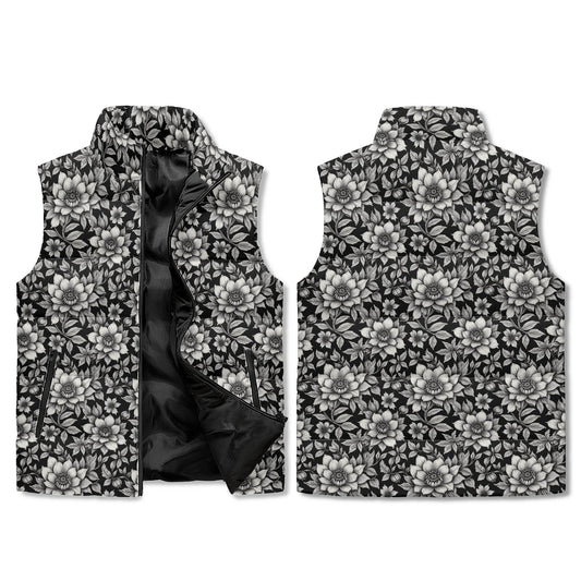 Black and White Bloom Unisex Lightweight Stand Collar Zip Up Puffer Vest - DeRose Seasonal