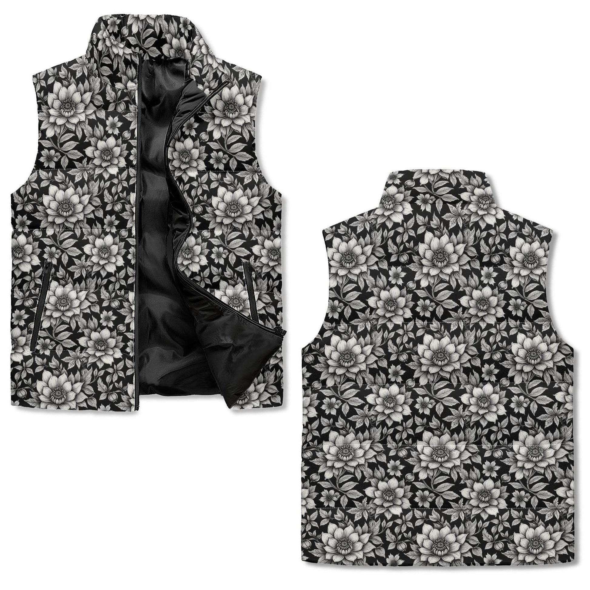 Black and White Bloom Unisex Lightweight Stand Collar Zip Up Puffer Vest - DeRose Seasonal