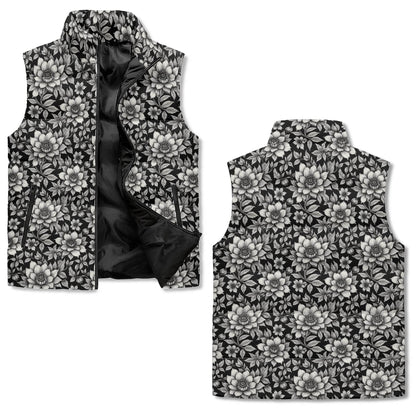 Black and White Bloom Unisex Lightweight Stand Collar Zip Up Puffer Vest - DeRose Seasonal