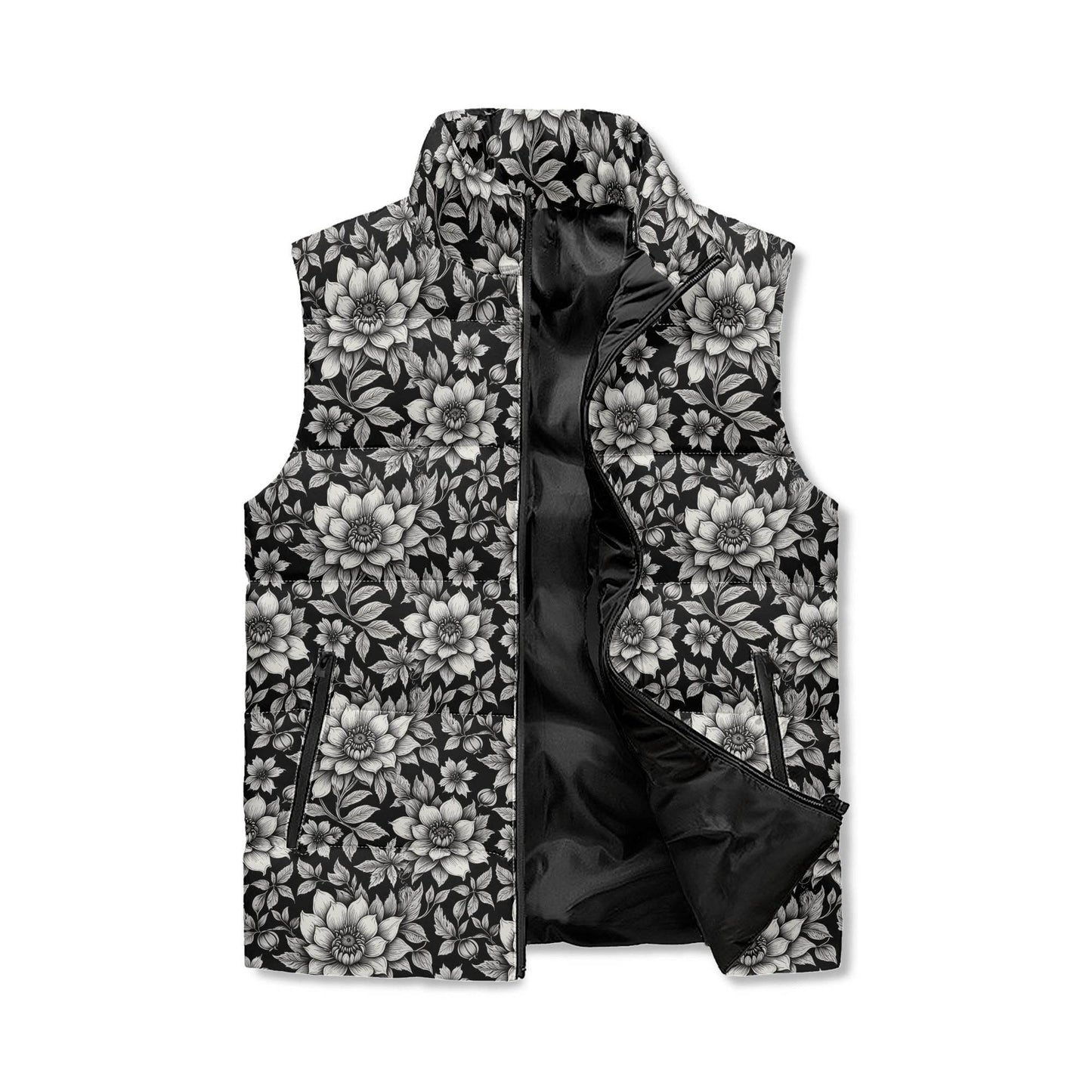 Black and White Bloom Unisex Lightweight Stand Collar Zip Up Puffer Vest - DeRose Seasonal
