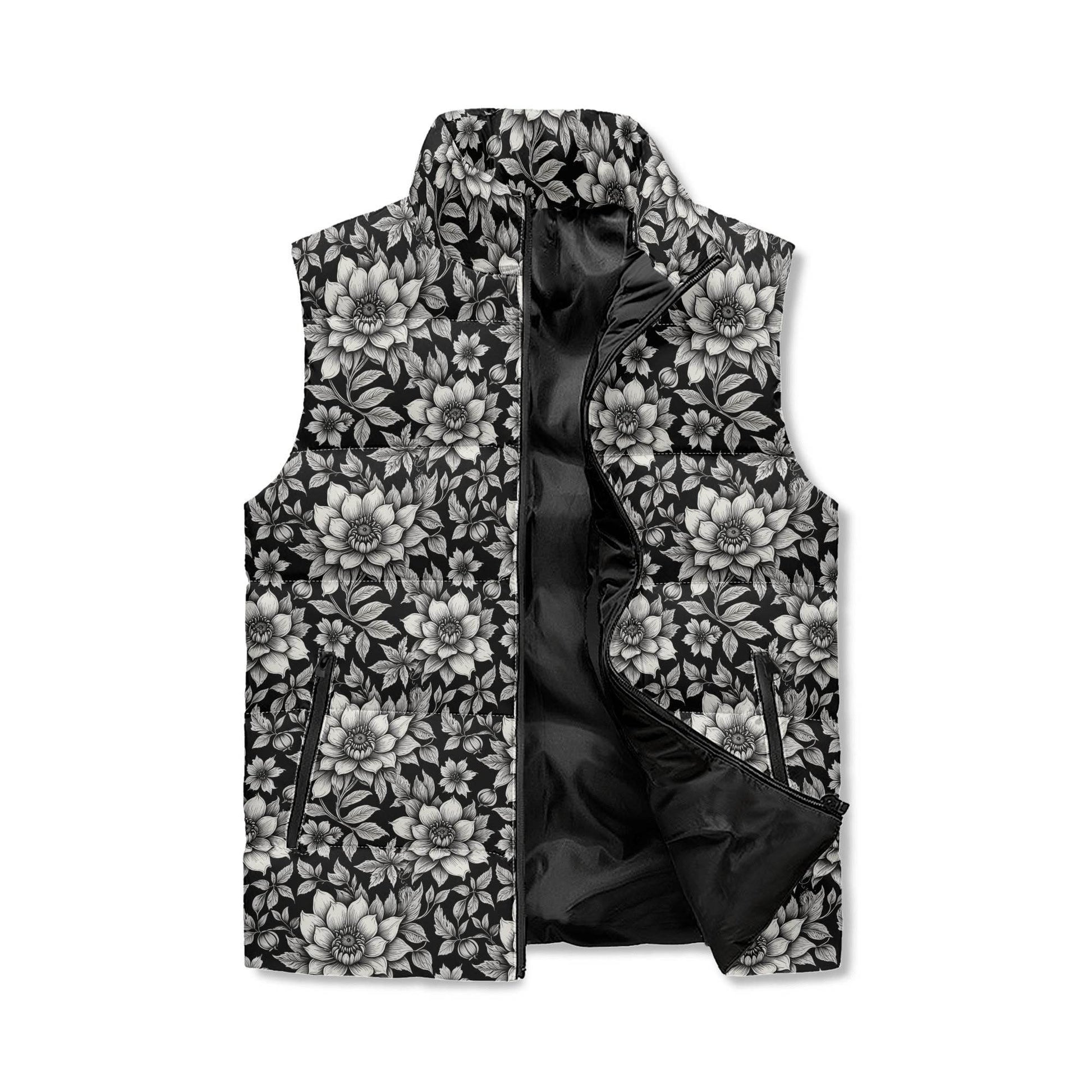 Black and White Bloom Unisex Lightweight Stand Collar Zip Up Puffer Vest - DeRose Seasonal