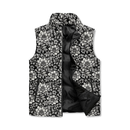 Black and White Bloom Unisex Lightweight Stand Collar Zip Up Puffer Vest - DeRose Seasonal