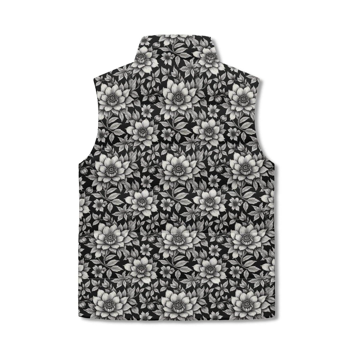 Black and White Bloom Unisex Lightweight Stand Collar Zip Up Puffer Vest - DeRose Seasonal