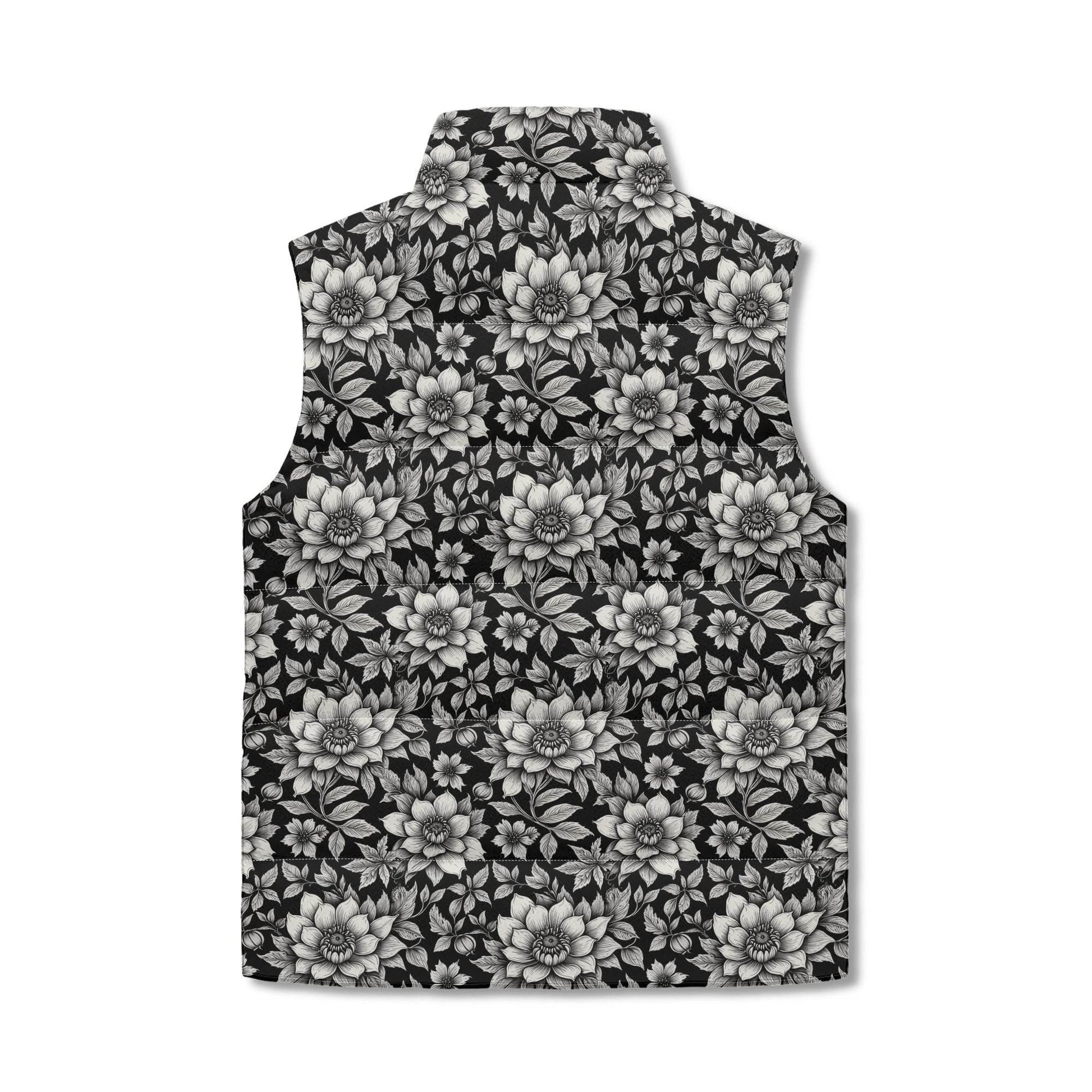 Black and White Bloom Unisex Lightweight Stand Collar Zip Up Puffer Vest - DeRose Seasonal