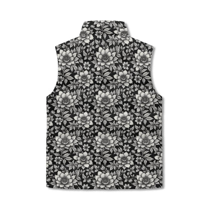 Black and White Bloom Unisex Lightweight Stand Collar Zip Up Puffer Vest - DeRose Seasonal